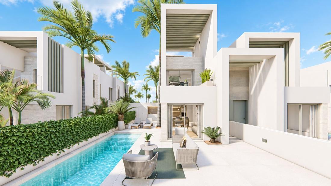 Rendering of a modern villa with a pool and terrace